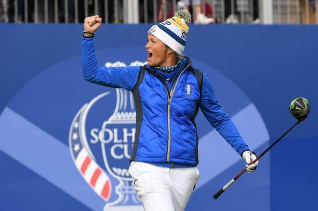 Europe's Suzann Pettersen reacts to the crowd on the 1st tee during the singles on the third day of 2018 Solheim Cup at Gleneagles. Picture: ANDY BUCHANAN/AFP via Getty Images.