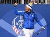 Europe's Suzann Pettersen reacts to the crowd on the 1st tee during the singles on the third day of 2018 Solheim Cup at Gleneagles. Picture: ANDY BUCHANAN/AFP via Getty Images.