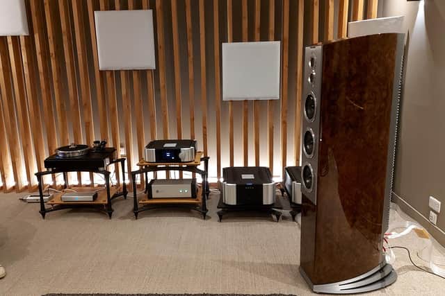 The hi-fi equipment and a side view of Audiovector’s flagship R10 Arreté loudspeaker in Loud & Clear's demonstration room in Edinburgh. Picture: Scott Reid