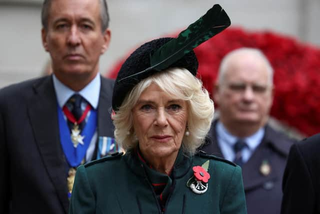 Camilla was clearly moved when she visited tributes to the late Queen at Westminster Abbey ahead of Armistice Day.