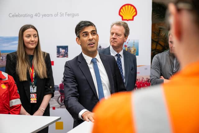 Prime Minister Rishi Sunak during his visit to Peterhead. Image: Euan Duff/Getty Images.