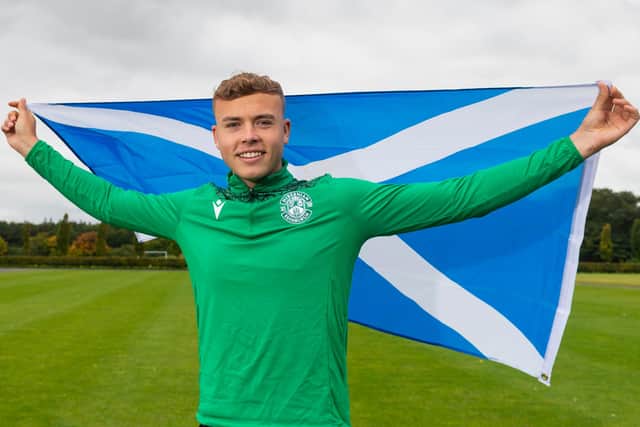Hibernian defender Ryan Porteous celebrates his latest Scotland call up. Photo by Mark Scates / SNS Group