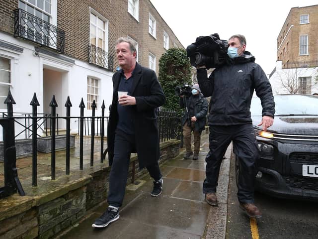 Piers Morgan (left) returns to his home in Kensington, central London, the morning after it was announced by broadcaster ITV that he was leaving as a host of Good Morning Britain.