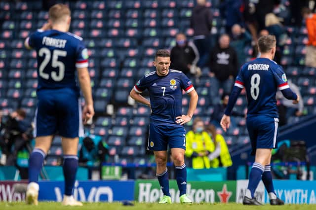 Scotland's John McGinn is left dejected at full time after the Euro 2020 defeat to Czech Republic at Hampden Park (Photo by Craig Williamson / SNS Group)