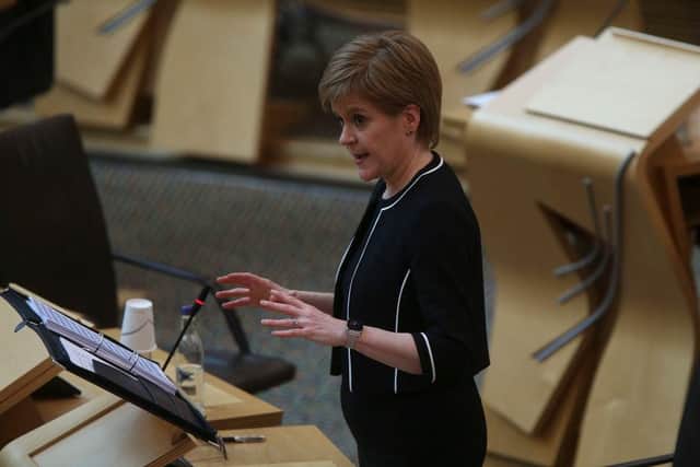 First Minister of Scotland speaks during a special social distancing coronavirus First Ministers Questions at the Scottish Parliament Holyrood. (Photo by Fraser Bremner - Pool / Getty Images)