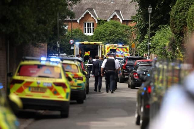 Police and emergency services attend the scene of a car crash at The Study Preparatory School in Wimbledon. Picture: Getty Images