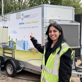 Daniyah Rafique, process engineer at Logan Energy, shows off the East Lothian firm's innovative hydrogen compression trailer, which will allow trucks and buses to refuel in places where no supply of the gas is available