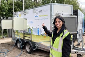 Daniyah Rafique, process engineer at Logan Energy, shows off the East Lothian firm's innovative hydrogen compression trailer, which will allow trucks and buses to refuel in places where no supply of the gas is available
