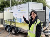 Daniyah Rafique, process engineer at Logan Energy, shows off the East Lothian firm's innovative hydrogen compression trailer, which will allow trucks and buses to refuel in places where no supply of the gas is available