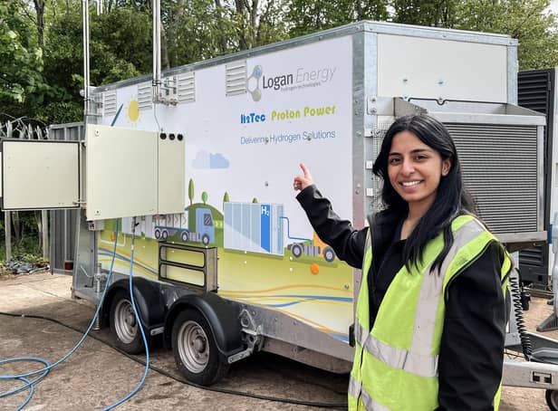 Daniyah Rafique, process engineer at Logan Energy, shows off the East Lothian firm's innovative hydrogen compression trailer, which will allow trucks and buses to refuel in places where no supply of the gas is available