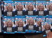 Leaflets with Liz Truss on the cover are seen on the second day of the annual Conservative Party conference in Birmingham. (Photo by Jeff J Mitchell/Getty Images)