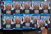 Leaflets with Liz Truss on the cover are seen on the second day of the annual Conservative Party conference in Birmingham. (Photo by Jeff J Mitchell/Getty Images)