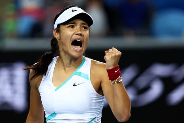 Emma Raducanu celebrates winning a point en route to victory over Sloane Stephens in the Australian Open first round. (Photo by Clive Brunskill/Getty Images)