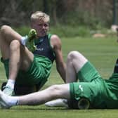 ALCANTARILHA, PORTUGAL - JUNE 30: Josh Doig (L) & Jake Doyle-Hayes during a pre-season Hibernian training session at the Amendoeira Golf Resort, on June 30, 2022, in Alcantarilha, Portugal. (Photo by Craig Foy / SNS Group)