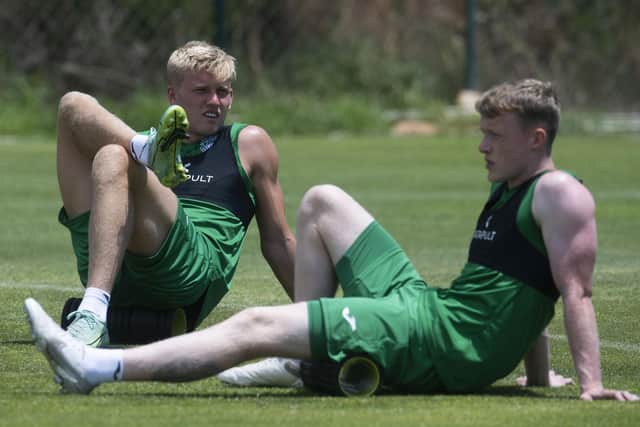 ALCANTARILHA, PORTUGAL - JUNE 30: Josh Doig (L) & Jake Doyle-Hayes during a pre-season Hibernian training session at the Amendoeira Golf Resort, on June 30, 2022, in Alcantarilha, Portugal. (Photo by Craig Foy / SNS Group)
