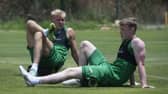 ALCANTARILHA, PORTUGAL - JUNE 30: Josh Doig (L) & Jake Doyle-Hayes during a pre-season Hibernian training session at the Amendoeira Golf Resort, on June 30, 2022, in Alcantarilha, Portugal. (Photo by Craig Foy / SNS Group)