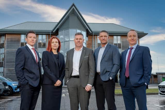 Bancon Group’s operating board, from left: David Crawford, Deeside Timberframe Managing Director; Senga Buntrock, People, Culture & Organisational Development Director;  Kevin McColgan, Bancon Group CEO; Jamie Tosh, Business Operations Director; Andrew Tweedie, Group Finance Director.