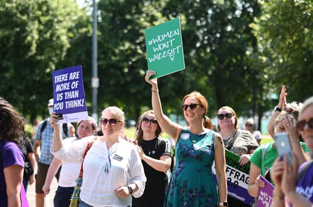 Women protest outside a court hearing where a feminist campaigner, Marion Millar, faced hate crime charges that were later dropped (Picture: John Devlin)