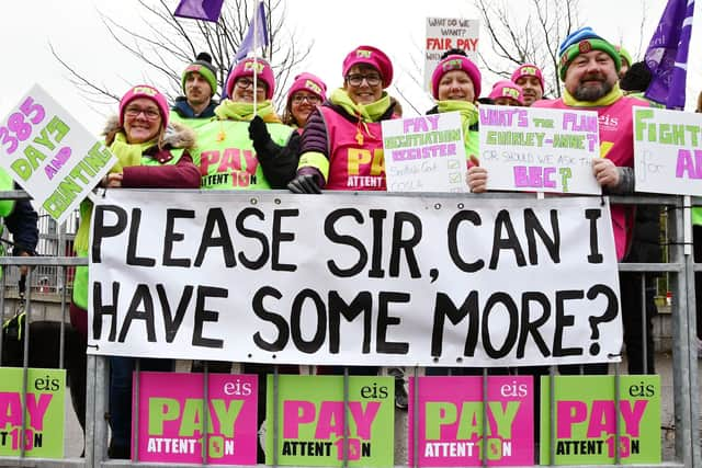 EIS and NASUWT union members join the picket line at Falkirk High School on Tuesday morning.  (Pic: Michael Gillen)