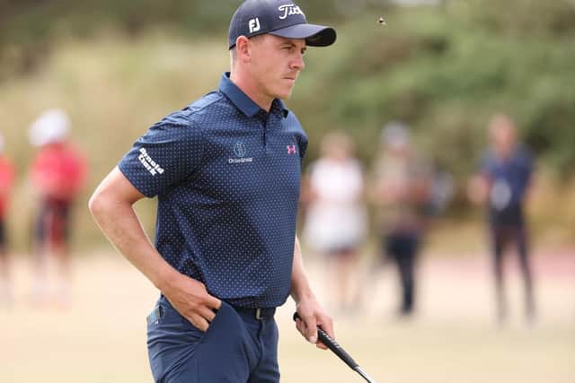 Grant Forrest acknowleges the crowd on the 9th green in the first round of the Cazoo Classic at Hillside. Picture: Warren Little/Getty Images.