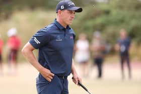 Grant Forrest acknowleges the crowd on the 9th green in the first round of the Cazoo Classic at Hillside. Picture: Warren Little/Getty Images.