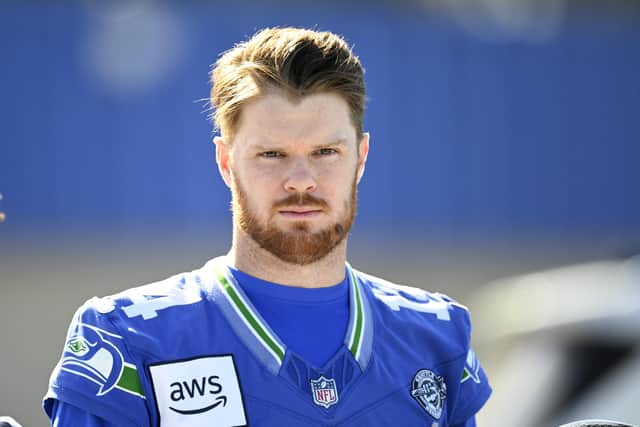 Sam Darnold of the Seattle Seahawks during a practice ahead of Super Bowl LX at San Jose State University on February 06, 2026 in San Jose, California. (Photo by Eakin Howard/Getty Images)