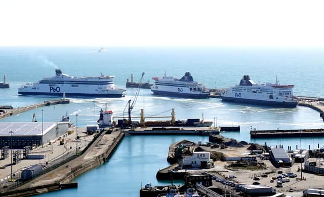 Three P&O ferries, Spirit of Britain, Pride of Canterbury and Pride of Kent moor up in the cruise terminal at the Port of Dover in Kent.