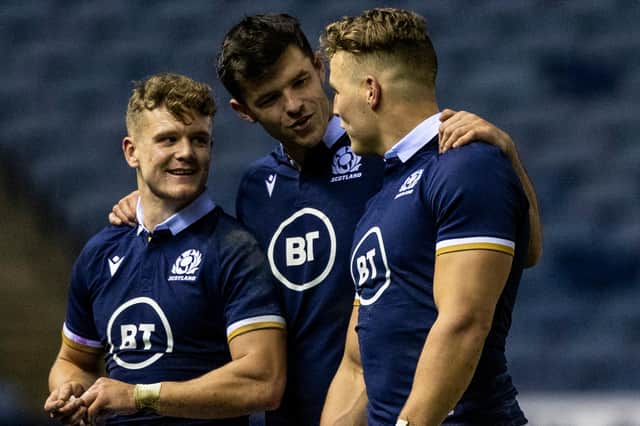 The Edinburgh back three of Darcy Graham, Blair Kinghorn and Duhan van der Merwe all got among the tries against Georgia. Picture: Craig Williamson/SNS