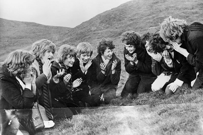 Girls from Liberton School wash their faces in the dew on Arthur's Seat on May Day 1963 (left-right) Alison Kerr, Carole Macdonald, Maureen Robertson, Janis Williams, Catherine Clelland, Alison Sylvester and Anne Johnston.