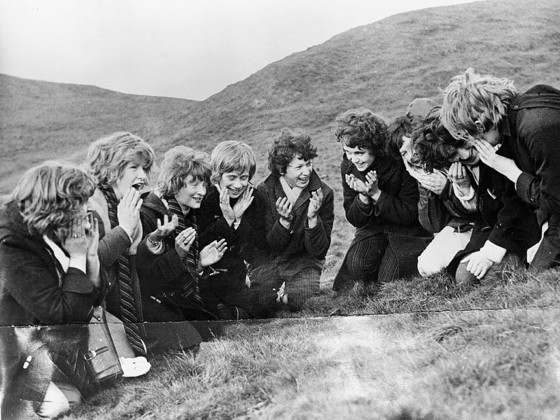 Girls from Liberton School wash their faces in the dew on Arthur's Seat on May Day 1963 (left-right) Alison Kerr, Carole Macdonald, Maureen Robertson, Janis Williams, Catherine Clelland, Alison Sylvester and Anne Johnston.