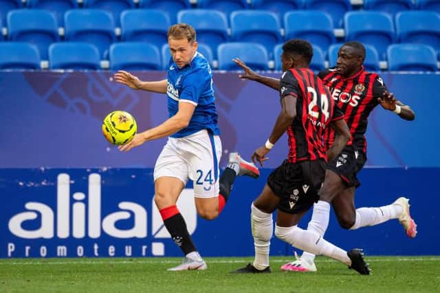 Greg Stewart, pictured during a pre-season friendly against Nice last July, looks set to leave Rangers this month. (Photo by SNS Group).