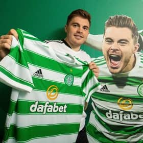 James Forrest signs a new contract at Celtic Park, on May 12, 2022, in Glasgow, Scotland.  (Photo by Ross MacDonald / SNS Group)