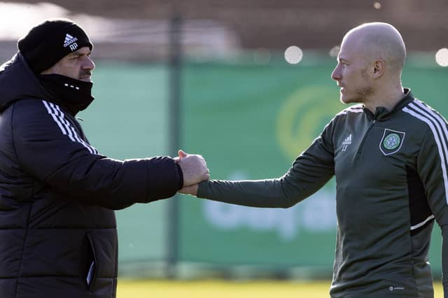 Celtic manager Ange Postecoglou and midfielder Aaron Mooy ahead of the cup final against Rangers.