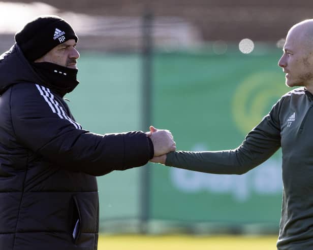 Celtic manager Ange Postecoglou and midfielder Aaron Mooy ahead of the cup final against Rangers.