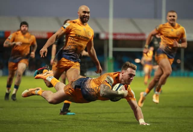 Scotland captain Stuart Hogg scores Exeter Chiefs' third try during the Heineken Champions Cup win over his former club Glasgow Warriors. Picture: David Rogers/Getty Images