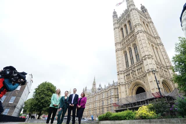The four new Green MPs who won seats in the 2024 General Election, (left to right) Sian Berry (MP for Brighton Pavilion), party co-leader Carla Denyer (MP for Bristol Central), party co-leader Adrian Ramsay (MP for Waveney Valley) and Ellie Chowns (MP for North Herefordshire) pose for photos on College Green opposite the Palace of Westminster, London. Picture date: Monday July 8, 2024.