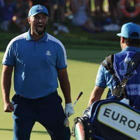 Jon Rahm of Team Europe celebrates after chipping in for an eagle on the 16th during the first-day fourball matches in the Ryder Cup at Marco Simone Golf & Country Club in Rome. Picture: Patrick Smith/Getty Images.