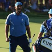 Jon Rahm of Team Europe celebrates after chipping in for an eagle on the 16th during the first-day fourball matches in the Ryder Cup at Marco Simone Golf & Country Club in Rome. Picture: Patrick Smith/Getty Images.