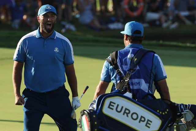 Jon Rahm of Team Europe celebrates after chipping in for an eagle on the 16th during the first-day fourball matches in the Ryder Cup at Marco Simone Golf & Country Club in Rome. Picture: Patrick Smith/Getty Images.