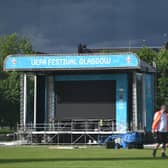 The Fan Zone for EURO 2020 is being built in Glasgow Green as preparations are ramped up ahead of kick off. A giant tv screen is installed for fans.