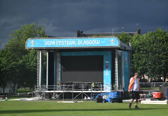 The Fan Zone for EURO 2020 is being built in Glasgow Green as preparations are ramped up ahead of kick off. A giant tv screen is installed for fans.