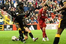 Bojan Miovski scores his and Aberdeen's second in the 2-1 win over Livingston at Pittodrie. (Photo by Paul Devlin / SNS Group)