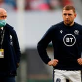 Scotland head coach Gregor Townsend and stand-off Finn Russell on the Twickenham pitch before kick-off. Picture: Adrian Dennis/AFP via Getty Images