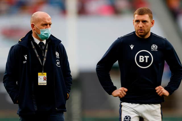 Scotland head coach Gregor Townsend and stand-off Finn Russell on the Twickenham pitch before kick-off. Picture: Adrian Dennis/AFP via Getty Images