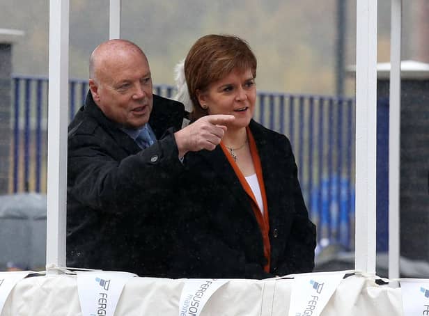 First Minister Nicola Sturgeon with Jim McColl at a launch ceremony for the liquefied natural gas passenger ferry MV Glen Sannox, the UK's first LNG ferry, at Ferguson Marine Engineering in Port Glasgow in 2017