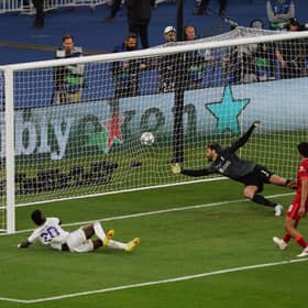 Real Madrid's Jose Vinicius Junior opens the scoring against Liverpool in the Champions League final.