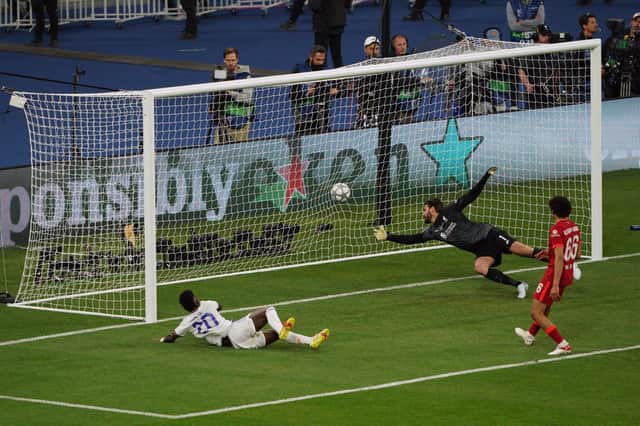 Real Madrid's Jose Vinicius Junior opens the scoring against Liverpool in the Champions League final.