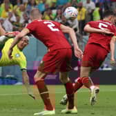 Brazil's Richarlison scores his spectacular bicycle kick in the 2-0 win over Serbia at the Lusail Stadium. (Photo by ADRIAN DENNIS/AFP via Getty Images)