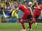 Brazil's Richarlison scores his spectacular bicycle kick in the 2-0 win over Serbia at the Lusail Stadium. (Photo by ADRIAN DENNIS/AFP via Getty Images)
