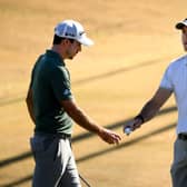 Martin Laird, right, reacts after saving a par as Nick Taylor of Canada looks on during the first round of The American Express tournament on the Jack Nicklaus Tournament Course at PGA West in La Quinta, California. Picture: Harry How/Getty Images.